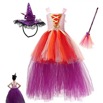 Детское платье ведьмы, костюм для Хэллоуина, платье-пачка без рукавов, юбка из тюля, фиолетовое платье с высокой посадкой, для выступлений на сцене, карнавал