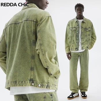 Мужская джинсовая куртка REDDACHiC в стиле хип-хоп, зеленая, стич, повседневная, с длинными рукавами, Демисезонная куртка-бомбер Y2k, Ковбойское пальто Оверсайз