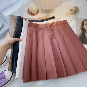2021 Весенне-осенняя плиссированная юбка с высокой талией, мини-юбка из искусственной кожи, женская мода, тонкая талия, повседневные юбки для милых девочек, бесплатная доставка