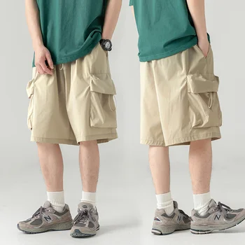 Мужские шорты-карго Функциональный стиль, рабочие шорты с большими карманами, мужские летние модные брендовые свободные брюки с разрезом на открытом воздухе