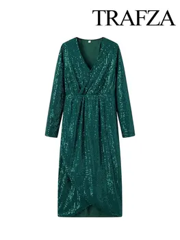 Женское платье с длинным рукавом TRAFZA, Расшитое Блестками, Весеннее Ретро Темно-Зеленое Платье С V-образным вырезом и Высокой Талией, Женское Приталенное Вечернее платье-халат