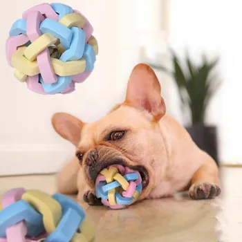 Игрушка-мяч для домашних собак, красочный резиновый тренировочный мяч для жевания, колокольчик, игрушка со скрипучим звуком, устойчивый к укусам игровой мяч, вязаный мяч Macaron