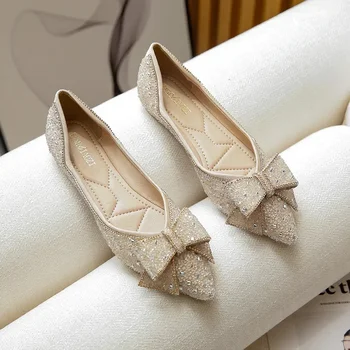 Новинка весны 2024 года, женская обувь со стразами и узлом-бабочкой, весенне-осенние женские модельные туфли без застежки с острым носком