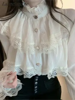 Модные Корейские белые блузки, шифоновые рубашки с воротником-стойкой, Весна 2024, кружевная рубашка с длинными рукавами и оборками, Винтажные элегантные топы