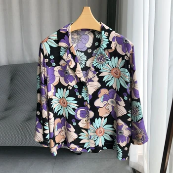 Женская шелковая рубашка с винтажным принтом 2023, Весна и лето, Новый стиль