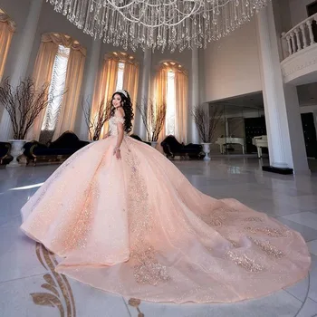 Пышные платья принцессы из розового золота 2023, Аппликация с открытыми плечами, жемчуг, Золушка Sweet 16, платье Vestidos De 15 Anos