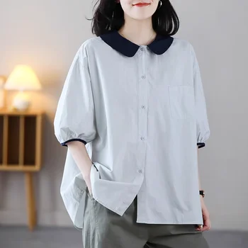 Свободная женская рубашка в корейском стиле, летний повседневный воротник 
