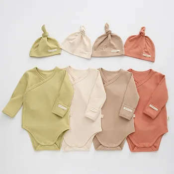 Демисезонный Однотонный комбинезон для новорожденных мальчиков и девочек + шапка для младенцев, одежда с длинными рукавами для маленьких мальчиков и девочек, детский комбинезон