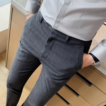 Высококачественные утолщенные костюмные брюки в полоску для мужчин Осень Зима Повседневные деловые брюки Офисные Светские Свадебные брюки 2023
