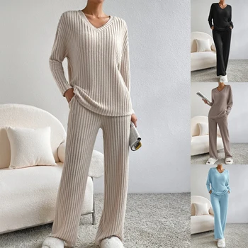 Женский комплект одежды Combhasaki из 2 предметов, пуловер в рубчик с длинным рукавом и V-образным вырезом, топы + Длинные брюки с высокой талией, одежда для отдыха cleanfit