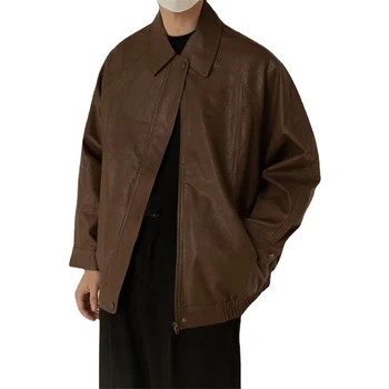 Весенне-осенний модный бренд, свободная куртка, кардиган, мужская корейская версия простого пальто из искусственной кожи с отворотом и длинными рукавами