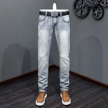 Модные винтажные мужские джинсы высокого качества, светло-голубые, стрейчевые, облегающие Рваные джинсы, мужские дизайнерские джинсовые брюки с вышивкой Hombre