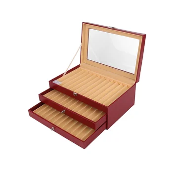 Ящик для хранения деревянных ручек с 36 отделениями, роскошный 3-слойный пенал из искусственной кожи, стеклянное окно, перьевой футляр, органайзер для коллекции ручек 2