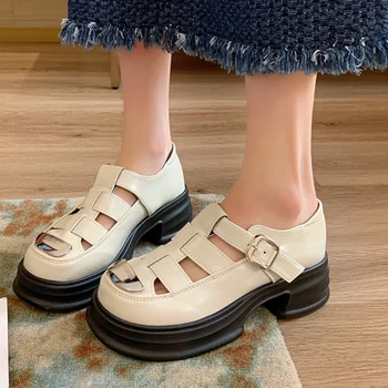 Женские римские сандалии с закрытым носком 2023, Летние дышащие женские туфли-лодочки на платформе, повседневные неглубокие женские туфли Mary Jane