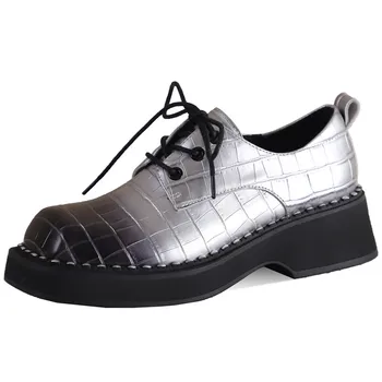 ENMAYER Square Head 2023 Новая классика, женские туфли из лакированной кожи на шнуровке, женские туфли-лодочки на платформе, модельные туфли на высоком квадратном каблуке