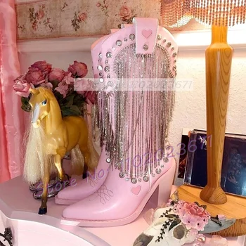 Розовые сапоги в западном стиле с бриллиантовой бахромой, женские блестящие туфли на высоком каблуке с отделкой кристаллами, женские зимние сапоги до колена с острым носком