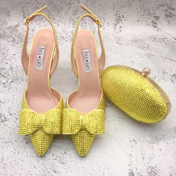 BS1319 Изготовленные на заказ босоножки ручной работы, женские свадебные туфли для новобрачных, лимонно-желтые хрустальные туфли с бантом и набор сумок