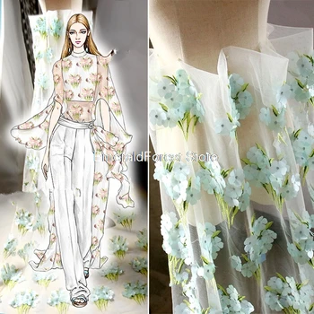 Водная дизайнерская ткань, трехмерная цветочная вышивка, бутон, шелковая пряжа, вышитое свадебное платье, ткань 45см * 140 см