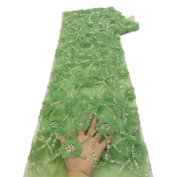 Кружевная ткань 3D Flowers 2023, Высококачественное кружево 5 ярдов с бисером и пайетками, Ткань для женской серии свадебных платьев