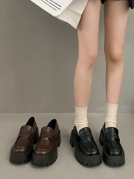 Женская обувь в Британском стиле, Оксфорды На платформе, Черные туфли без каблуков, Modis, Повседневные Женские Кроссовки С круглым носком, Опрятные Сабо, Кожаные туфли на каблуке 20