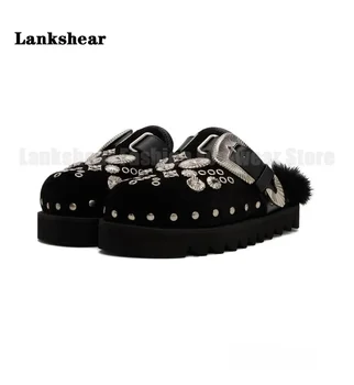 Металлические украшения, черные роскошные тапочки из натуральной шерсти, женская обувь с открытым носком, женская летняя обувь на шнуровке для женщин