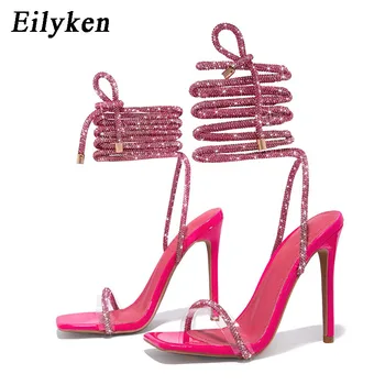Eilyken кристалл алмаза высокие каблуки женщины сандалии лодыжки ремень на шнуровке квадратный носок платье партии Женская обувь