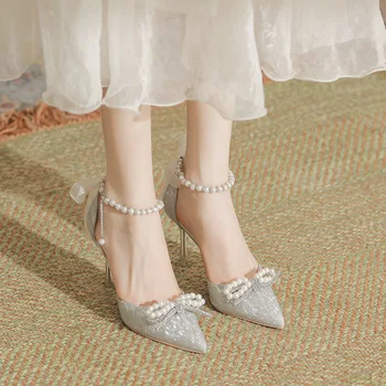 Размер 30-44 Каблук-шпилька Серебристый каблук с острым носком, жемчуг, женские свадебные туфли на высоком каблуке 9 см, вечерние туфли-лодочки для платья