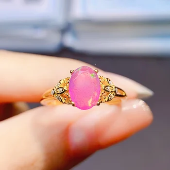 Овальное кольцо с листом натурального розового Огненного опала размером 6x9 мм, серебро 925 пробы, Обручальное кольцо с розовым опалом в подарок