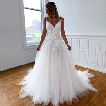 Кружевное свадебное платье без спинки на бретельках-спагетти, сексуальные аппликации с открытой спиной, плиссированное тюлевое свадебное платье трапециевидной формы, пляжное свадебное платье
