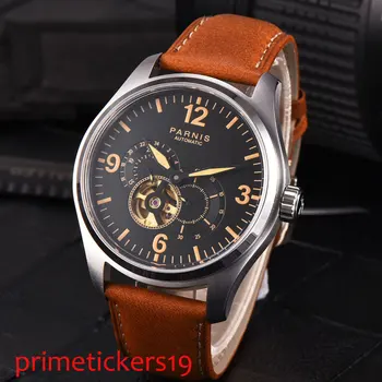 44 мм PARNIS черный циферблат оранжевые метки дата сапфировое стекло механизм с автоподзаводом мужские часы P817