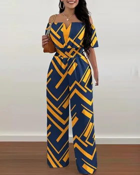 Модный женский комбинезон с геометрическим принтом, открытыми плечами и талией, Элегантный женский сексуальный комбинезон в полоску с коротким рукавом и V-образным вырезом, длинный