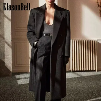 10.20 KlasonBell Зимние новые черные темпераментные наплечники, двубортное плотное теплое длинное шерстяное пальто для женщин