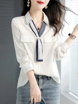 Zoki Элегантная модная женская рубашка на шнуровке, Корейский стиль, V-образный вырез, длинный рукав, милые пуловеры, повседневные Свободные Женские топы, весенняя шикарная блузка