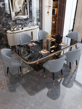Мраморный обеденный стол в сочетании с легким роскошным обеденным столом из каменной доски и стулом