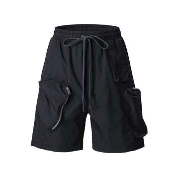 Уличные карманы на молнии, летние шорты с завязками для мужчин, широкие мешковатые повседневные брюки длиной до колен, укороченные шорты в стиле хип-хоп Оверсайз