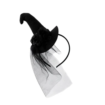 Взрослая шляпа ведьмы и черная вуаль на голове, женский СПА-обруч для волос, макияж, фотосъемка на Хэллоуин, Головной убор для вечеринки на Хэллоуин