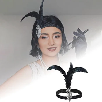 Маскарадный Ретро-головной убор из черных перьев, женский ободок из перьев для мальчишника на Хэллоуин