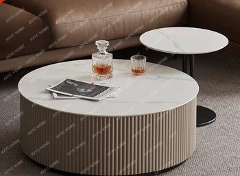 Журнальный столик из массива дерева с каменной плитой Комбинированный Итальянский легкий Роскошный Маленький квартирный простой чайный столик круглый чайный столик