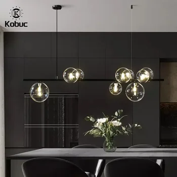 Современная черная люстра Kobuc с прозрачным стеклянным шаром, подвесной светильник для столовой, кухни, спальни, Скандинавский дизайн, внутренний светильник G9
