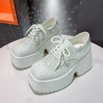 Женские Стразы Кристалл Джинсовая обувь на металлической платформе Creepers Японская обувь Harajuku на шнуровке на массивном высоком каблуке Rock JK Новинка 2024 года