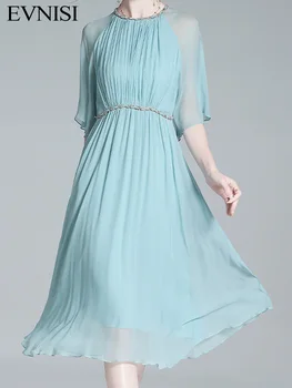 EVNISI Повседневное Женское шифоновое платье с круглым вырезом, элегантные офисные синие сказочные платья трапециевидной формы, шикарный пояс-цепочка для женщин, праздничное платье для вечеринки