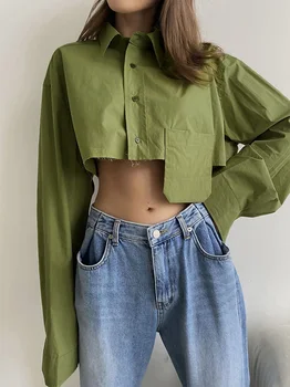 Весна-осень 2022, женская однотонная зеленая рубашка с длинным рукавом, женская короткая блузка для женщин