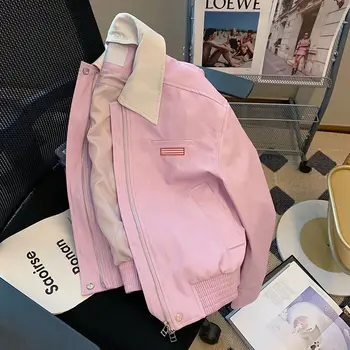Розовое кожаное пальто с пайетками Женское дизайнерское чувство 2023 Весна Новая Милая Крутая мотоциклетная куртка на молнии в коротком стиле