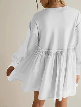 Женское повседневное мини-платье трапециевидной формы, однотонное пляжное платье с круглым вырезом, высокой талией и длинным рукавом, повседневное мини-платье-рубашка