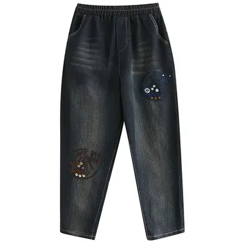 Джинсы Женские Весенне-осенние Большого размера с художественной вышивкой в этническом стиле, универсальные укороченные брюки, Свободные брюки Harlan с эластичной резинкой на талии.
