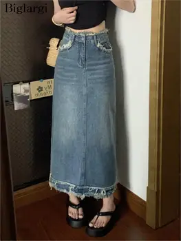 Джинсовая демисезонная длинная юбка Женская с бахромой в стиле пэчворк, Корейские свободные Женские юбки трапециевидной формы, облегающая женская юбка с высокой талией,