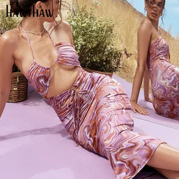 Hawthaw Женское Летнее Облегающее платье без рукавов на бретельках с полым вырезом и принтом, модное платье-карандаш 2021, женская одежда, уличная одежда