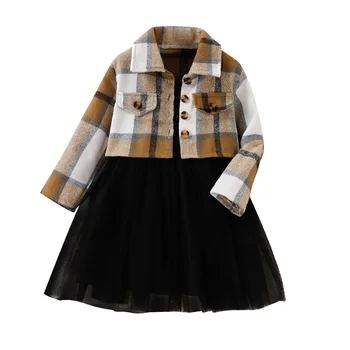 Одежда Для малышей, весенне-осенние комплекты одежды для девочек, Черное платье-слинг без рукавов, клетчатое пальто на пуговицах с длинным рукавом
