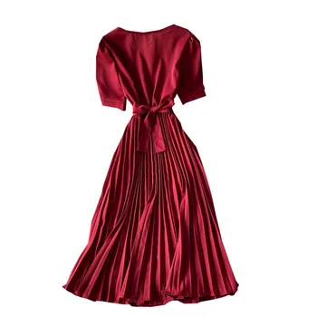 Высококачественное однотонное плиссированное женское платье с V-образным вырезом, короткими рукавами, длинными платьями с поясом, летняя уличная одежда, винтажные платья