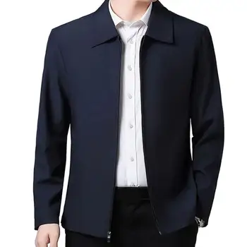 Мужская куртка с полной застежкой-молнией, элегантная мужская куртка среднего возраста с лацканами, классическая застежка-молния, прямой крой, мягкая для официальных мероприятий
